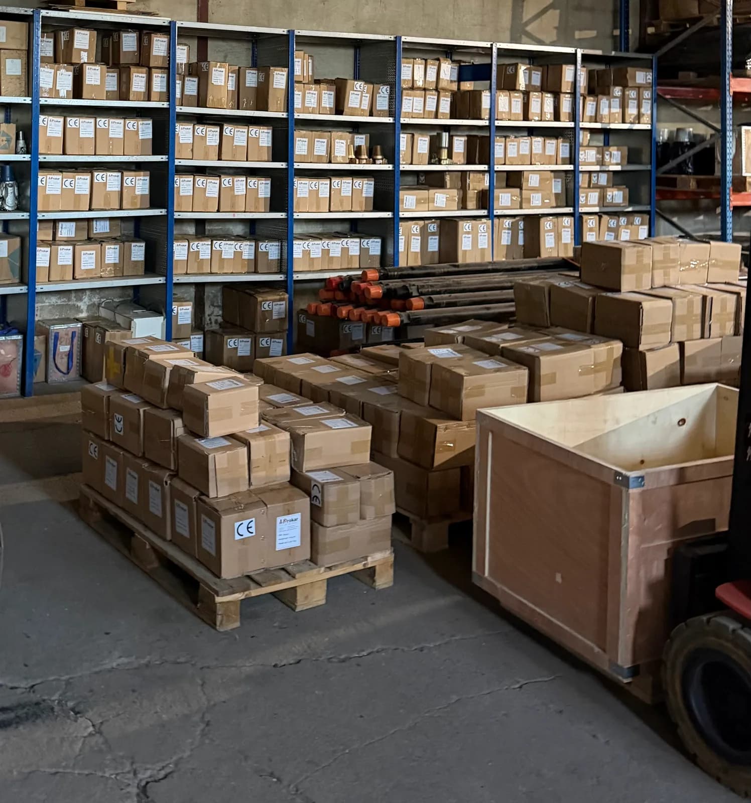 Racking of boxed drill bits and made-up pallets in the Prokar Drilling warehouse